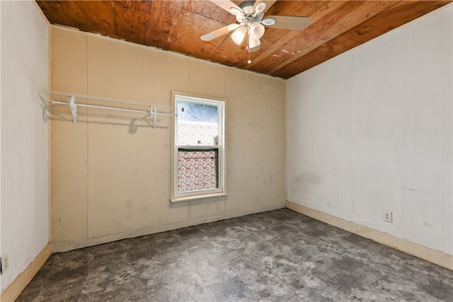 unfurnished bedroom featuring wooden ceiling and ceiling fan