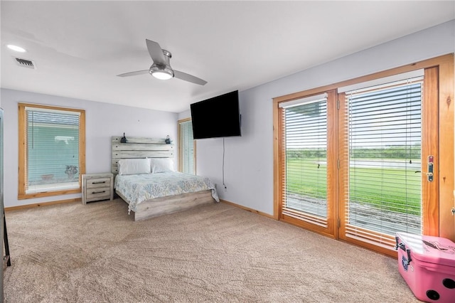 178 Smyth St, Port Oconnor, TX 77982 - carpeted bedroom with multiple windows, baseboards, access to exterior, and a ceiling fan