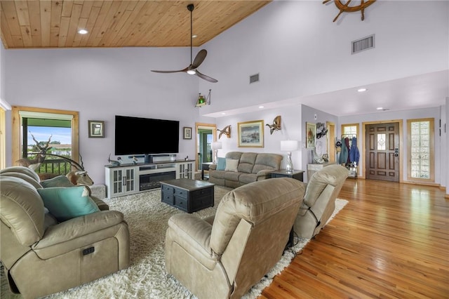 178 Smyth St, Port Oconnor, TX 77982 - living room with light wood-style floors, healthy amount of natural light, high vaulted ceiling, ceiling fan, and recessed lighting