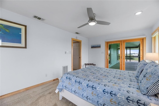 178 Smyth St, Port Oconnor, TX 77982 - carpeted bedroom with access to exterior, baseboards, ceiling fan, and recessed lighting