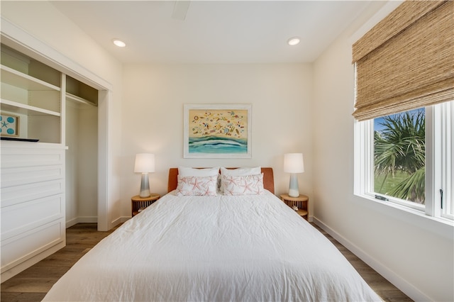 bedroom featuring dark hardwood / wood-style flooring and a closet