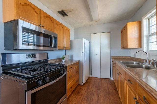 kitchen with sink, stainless steel appliances, and dark wood-type flooring