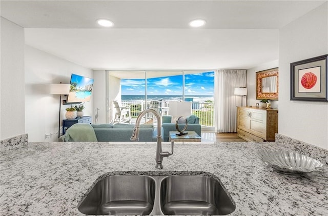 kitchen with sink, light stone counters, and wood-type flooring