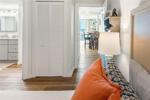 hall with hardwood / wood-style floors and sink