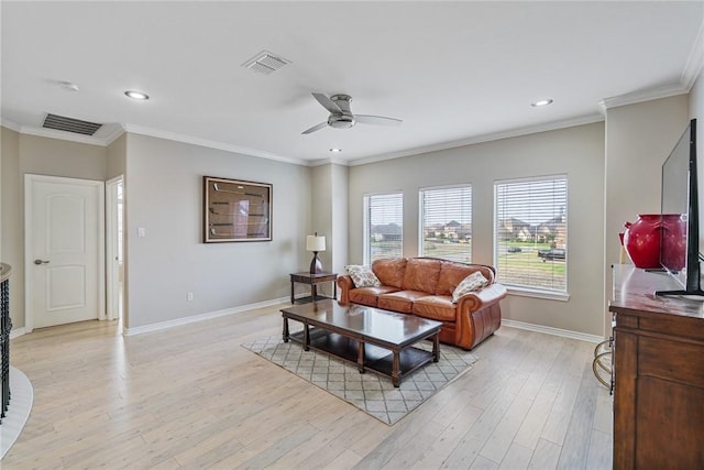 living room with a ceiling fan, baseboards, recessed lighting, light wood-type flooring, and ornamental molding