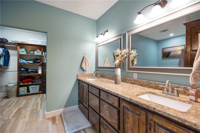 bathroom with hardwood / wood-style floors and vanity