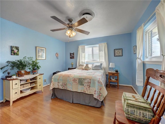 bedroom featuring ceiling fan and light wood-type flooring