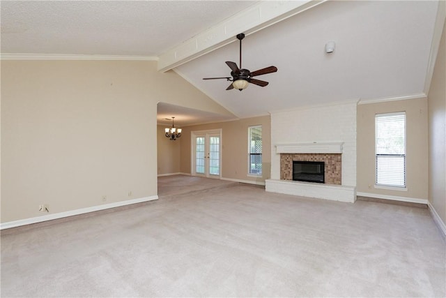 4119 Crenshaw Dr, Corpus Christi, TX 78413 - unfurnished living room featuring a fireplace, a chandelier, baseboards, a ceiling fan, and carpet flooring