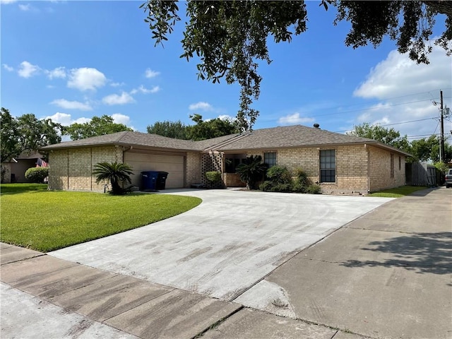 ranch-style house with a front yard and a garage