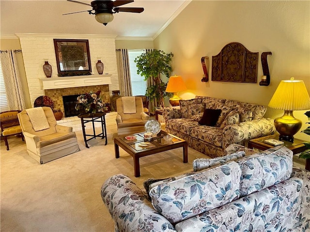 carpeted living room featuring ceiling fan, ornamental molding, and a fireplace