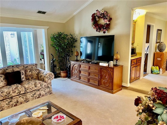 carpeted living room featuring ornamental molding