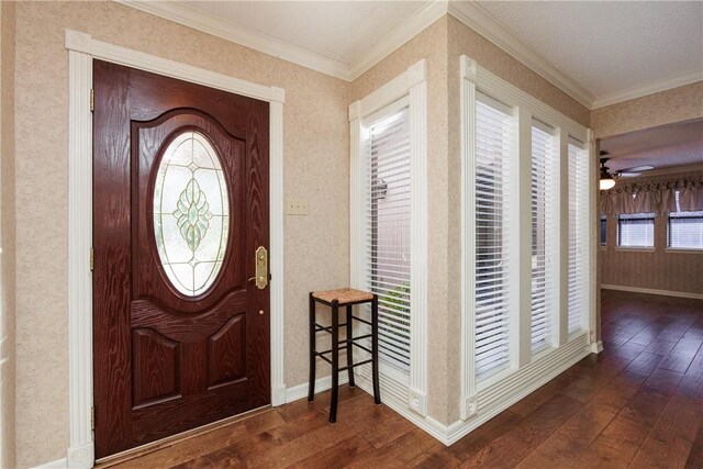4119 Crenshaw Dr, Corpus Christi, TX 78413 - foyer entrance featuring hardwood / wood-style floors, ceiling fan, ornamental molding, and baseboards