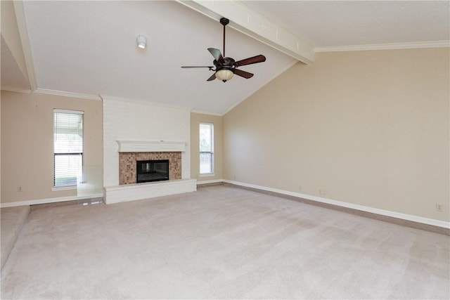 4119 Crenshaw Dr, Corpus Christi, TX 78413 - unfurnished living room with baseboards, light colored carpet, a ceiling fan, a fireplace, and ornamental molding