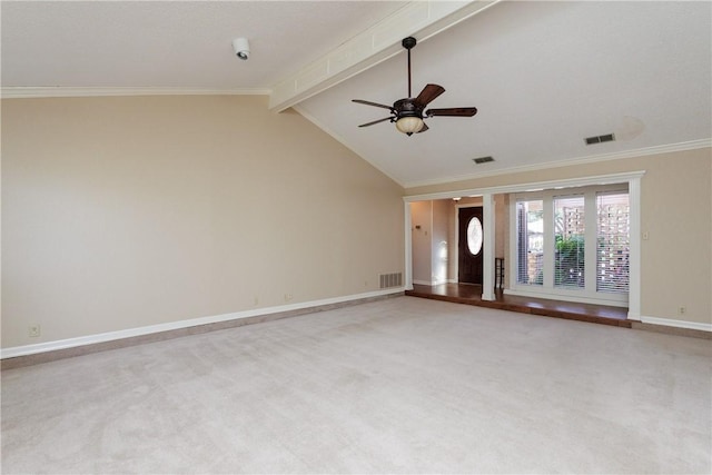 4119 Crenshaw Dr, Corpus Christi, TX 78413 - unfurnished living room featuring ceiling fan, light carpet, baseboards, and ornamental molding