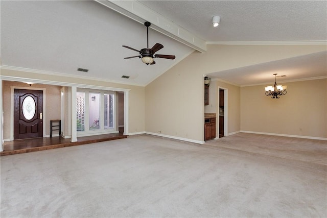 4119 Crenshaw Dr, Corpus Christi, TX 78413 - unfurnished living room featuring light carpet, a chandelier, baseboards, a ceiling fan, and ornamental molding