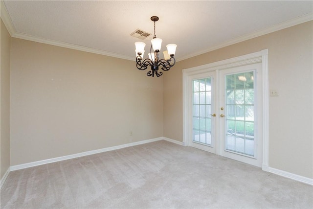4119 Crenshaw Dr, Corpus Christi, TX 78413 - spare room featuring light colored carpet, a chandelier, ornamental molding, french doors, and baseboards