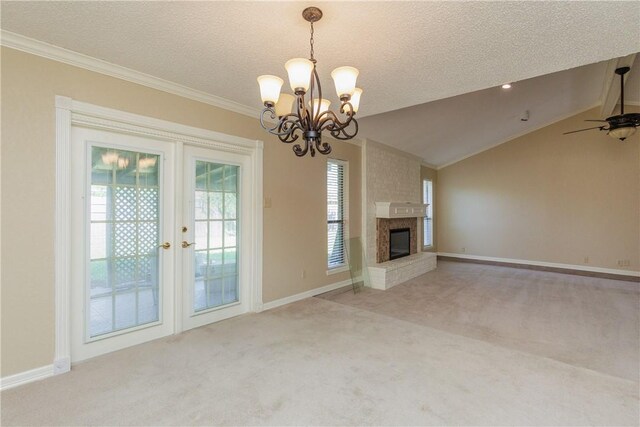 4119 Crenshaw Dr, Corpus Christi, TX 78413 - unfurnished living room featuring light carpet, a chandelier, a brick fireplace, ornamental molding, and baseboards