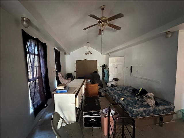 dining room with lofted ceiling and a ceiling fan