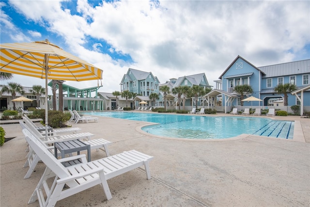 view of swimming pool featuring a patio area