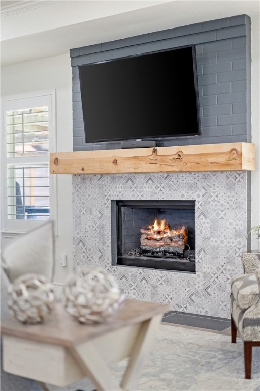 room details with a tiled fireplace