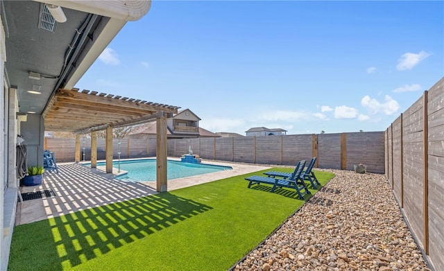 view of swimming pool with a patio, a fenced backyard, a fenced in pool, and a pergola