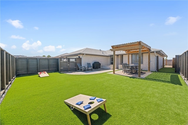 back of property featuring a patio, a fenced backyard, brick siding, a lawn, and a pergola