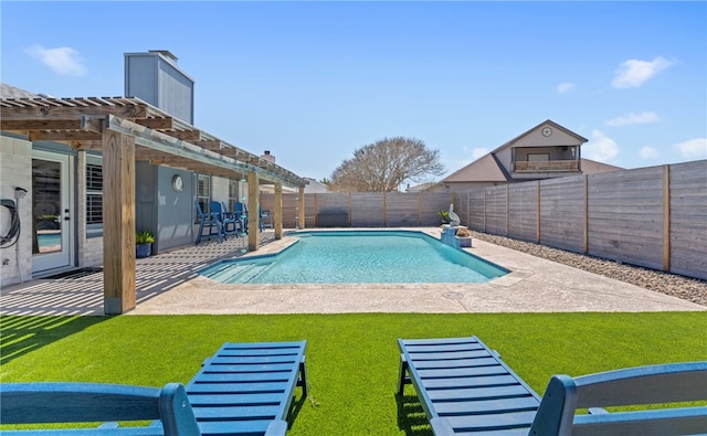 view of pool with a fenced in pool, a lawn, a patio area, a pergola, and a fenced backyard