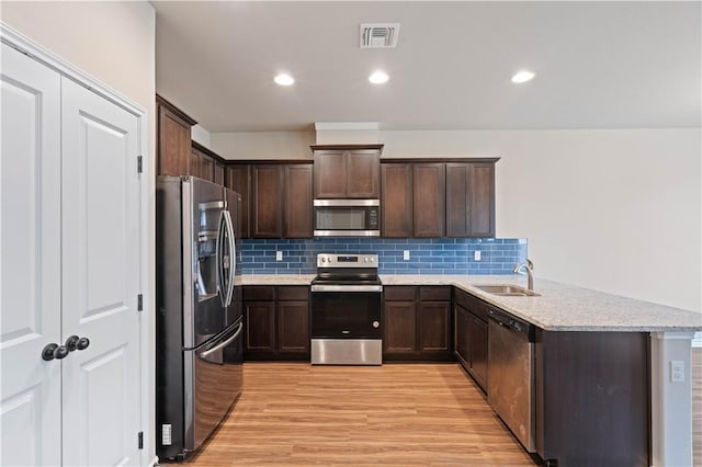 kitchen featuring visible vents, appliances with stainless steel finishes, dark brown cabinets, light wood-style floors, and a sink