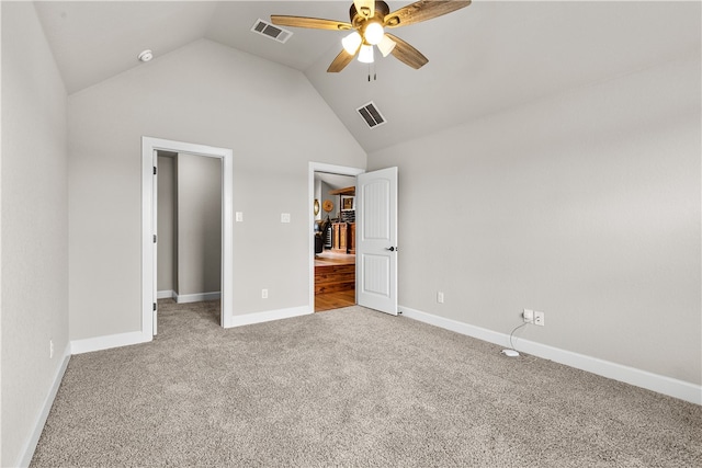 unfurnished bedroom with high vaulted ceiling, carpet, and ceiling fan