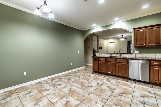 2526 Whirlwind St, Corpus Christi, TX 78414 - kitchen featuring stainless steel dishwasher, arched walkways, ornamental molding, a ceiling fan, and light tile patterned floors
