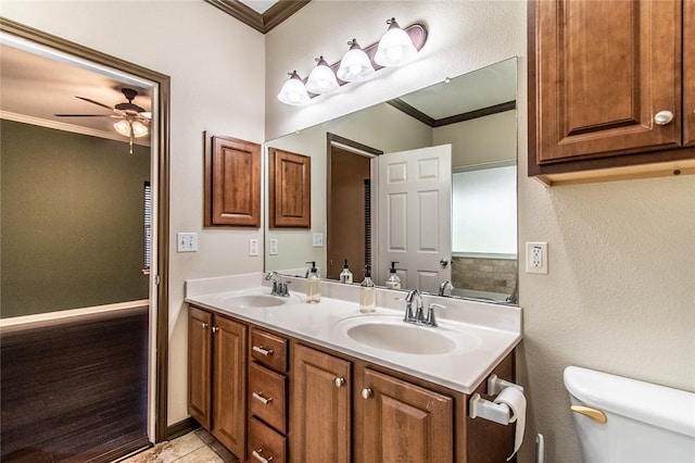 2526 Whirlwind St, Corpus Christi, TX 78414 - full bath featuring ornamental molding, a ceiling fan, double vanity, and tile patterned floors