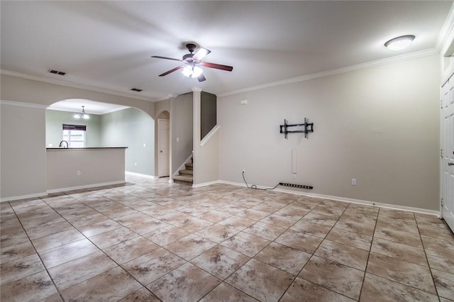 2526 Whirlwind St, Corpus Christi, TX 78414 - tiled empty room with arched walkways, ceiling fan, crown molding, and stairs