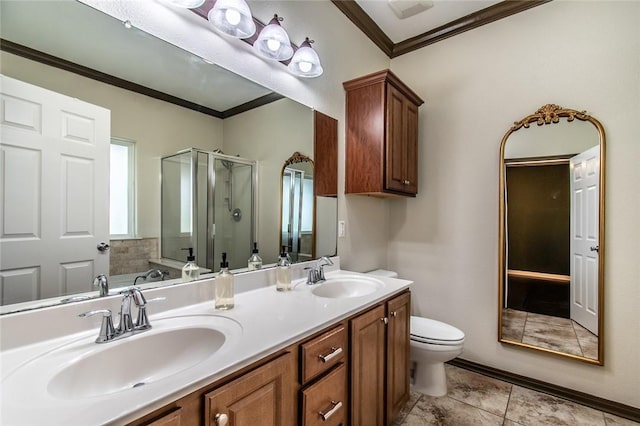 2526 Whirlwind St, Corpus Christi, TX 78414 - bathroom with ornamental molding, a shower stall, double vanity, and tile patterned floors