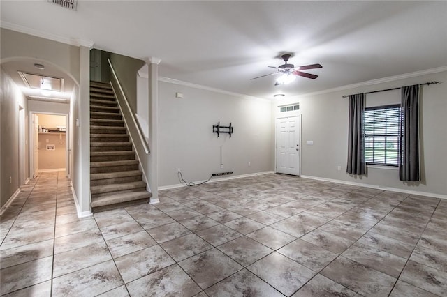 2526 Whirlwind St, Corpus Christi, TX 78414 - foyer with a ceiling fan, crown molding, stairs, and light tile patterned floors