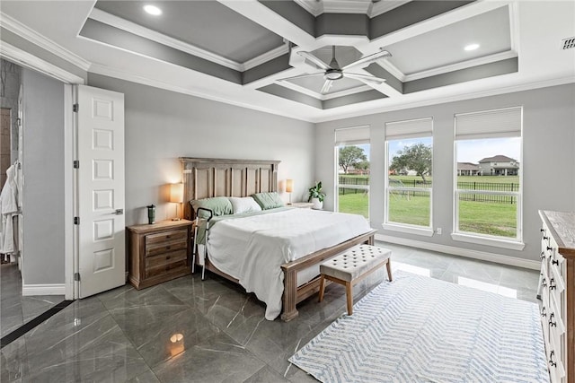 6406 Legacy Pt, Corpus Christi, TX 78414 - bedroom featuring crown molding, marble finish floor, a ceiling fan, baseboards, and visible vents