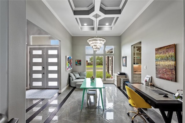 6406 Legacy Pt, Corpus Christi, TX 78414 - interior space with ornamental molding, marble finish floor, a towering ceiling, and a chandelier