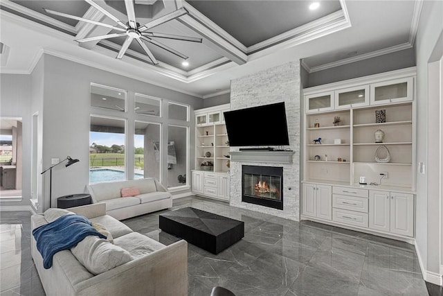 6406 Legacy Pt, Corpus Christi, TX 78414 - living area with a stone fireplace, ornamental molding, coffered ceiling, and a wealth of natural light