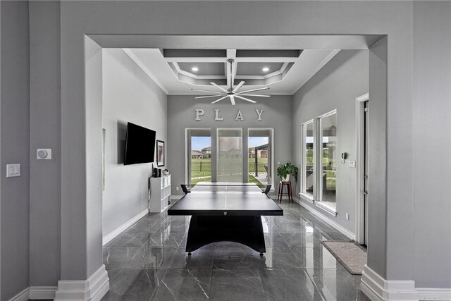 6406 Legacy Pt, Corpus Christi, TX 78414 - game room featuring baseboards, a high ceiling, coffered ceiling, and marble finish floor