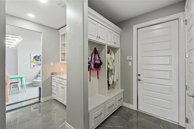 6406 Legacy Pt, Corpus Christi, TX 78414 - mudroom featuring baseboards, recessed lighting, marble finish floor, and a chandelier