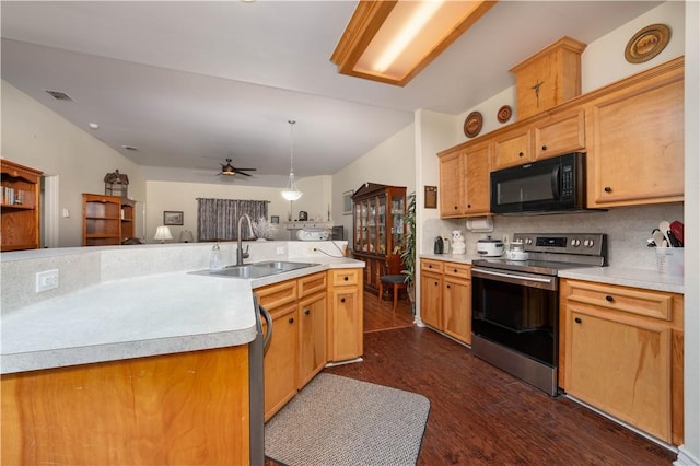 kitchen with tasteful backsplash, ceiling fan, sink, dark hardwood / wood-style floors, and stainless steel electric range