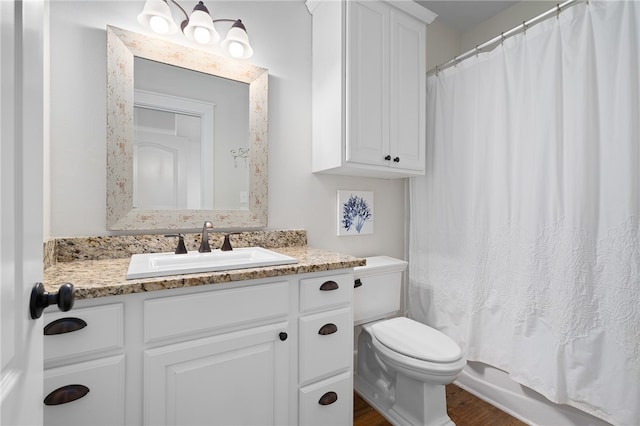 bathroom featuring toilet, vanity, and wood-type flooring