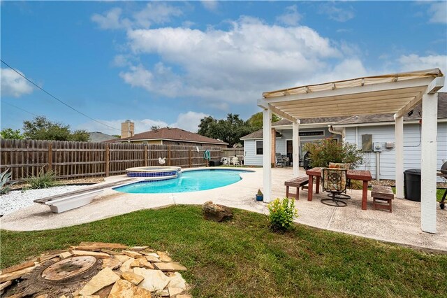 705 Aurora St, Bishop, TX 78343 - view of pool with a patio area, a diving board, an in-ground hot tub, and a pergola