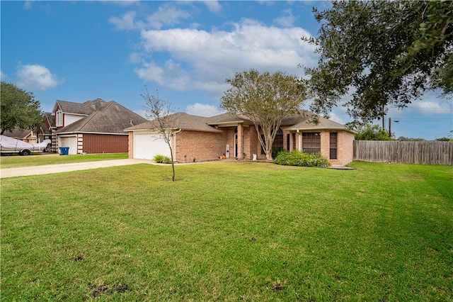 ranch-style house featuring a garage and a front lawn