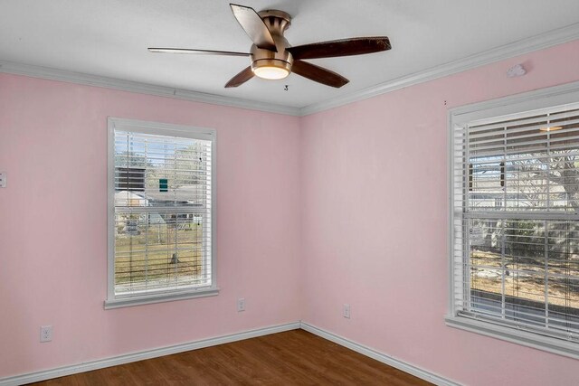 spare room featuring ceiling fan, wood-type flooring, and ornamental molding