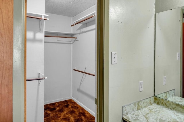 walk in closet featuring dark colored carpet