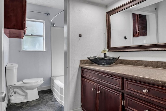 full bathroom with bathing tub / shower combination, vanity, and toilet