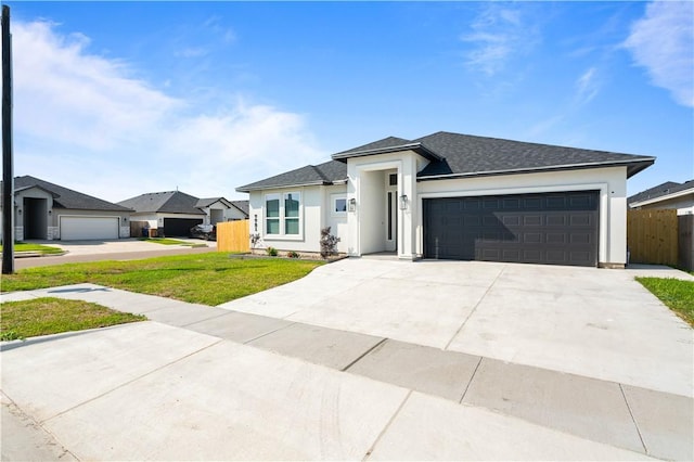 7721 Keiras Way, Corpus Christi, TX 78414 - prairie-style home featuring stucco siding, driveway, a garage, and a shingled roof