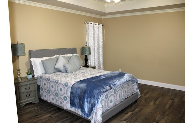 bedroom with crown molding and dark wood-type flooring