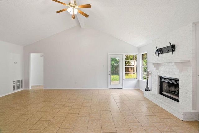 1134 Harbor Village Dr, Corpus Christi, TX 78412 - unfurnished living room featuring beamed ceiling, a ceiling fan, a fireplace, high vaulted ceiling, and baseboards