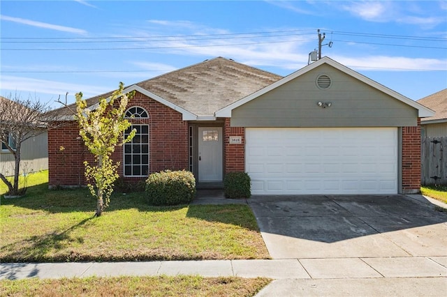 ranch-style home with brick siding, roof with shingles, concrete driveway, a front yard, and a garage